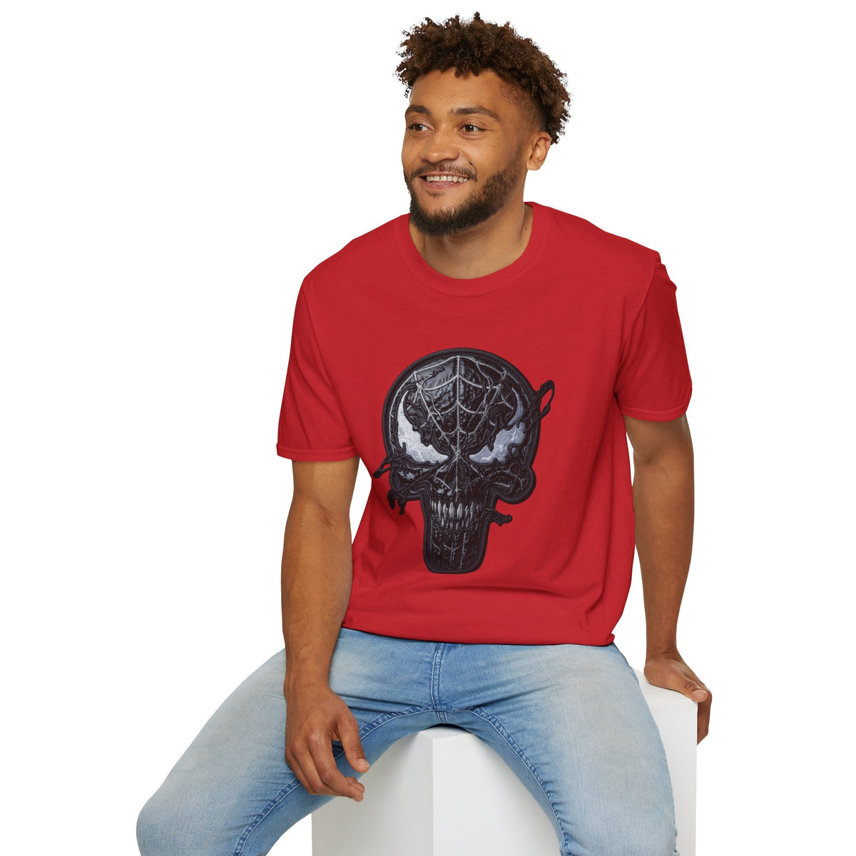 Man wearing red Spiderman Graphic tee — Black spiderman shirt - Ninth Line