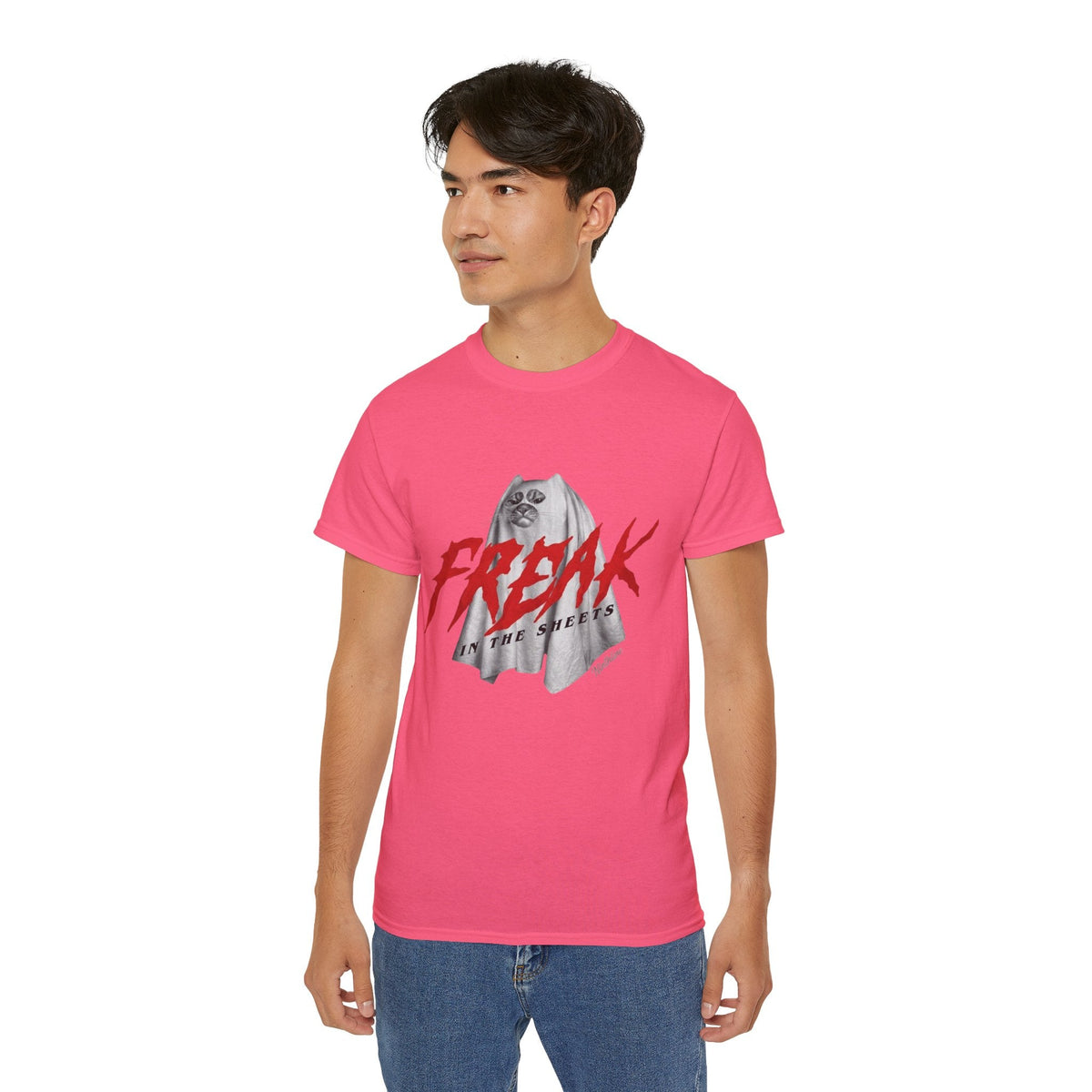 Man wearing Safety Pink Freak in the Street T-Shirt — Urban Vintage Graphic Tee - Ninth Line