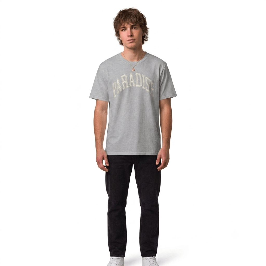 Man wearing Smoke Grey Paradise Arch Graphic T-Shirt - Graphic tees streetwear - Ninth Line