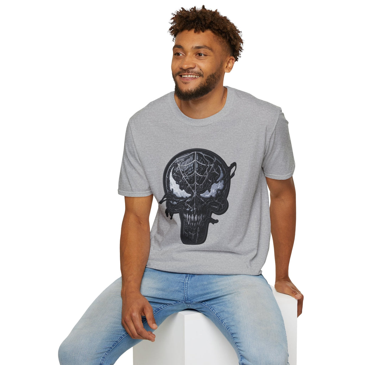 Man wearing Sports grey Spiderman Graphic tee — Black spiderman shirt - Ninth Line