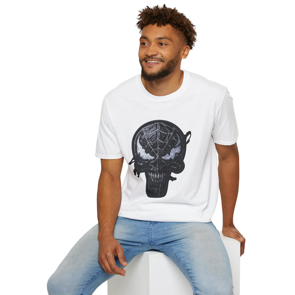 man wearing White Spiderman Graphic tee — Black spiderman shirt - Ninth Line