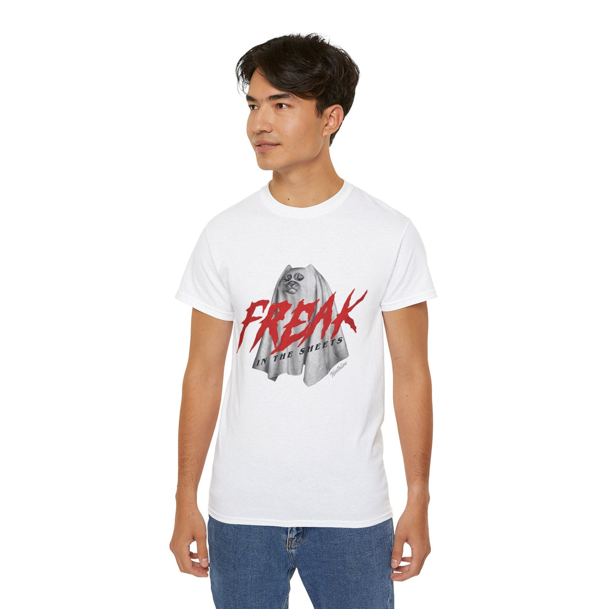 Man wearing White Freak in the Street T-Shirt — Urban Vintage Graphic Tee - Ninth Line