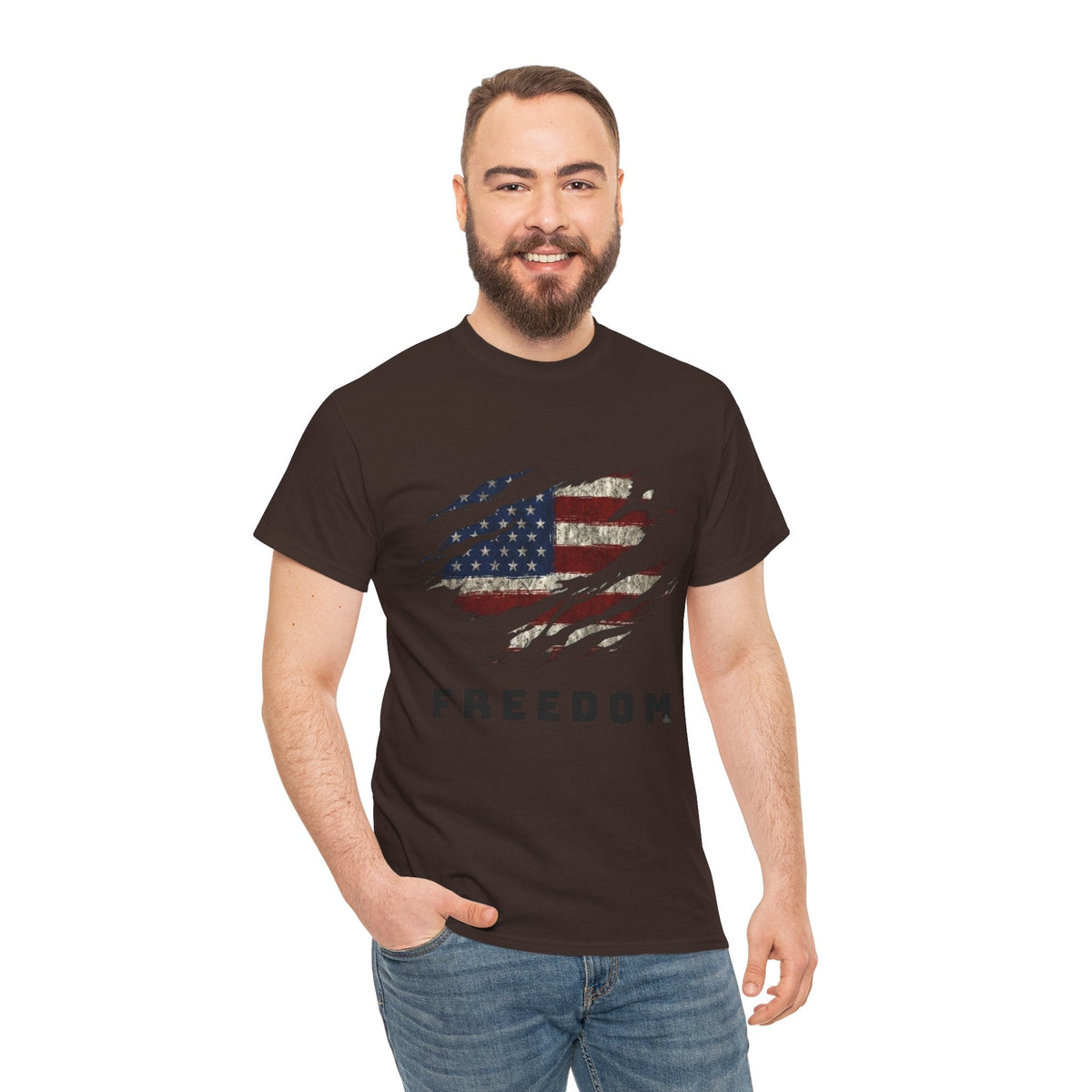 Man wearing Dark chocolate Freedom Flag Graphic Tee – American Pride Edition - Ninth Line