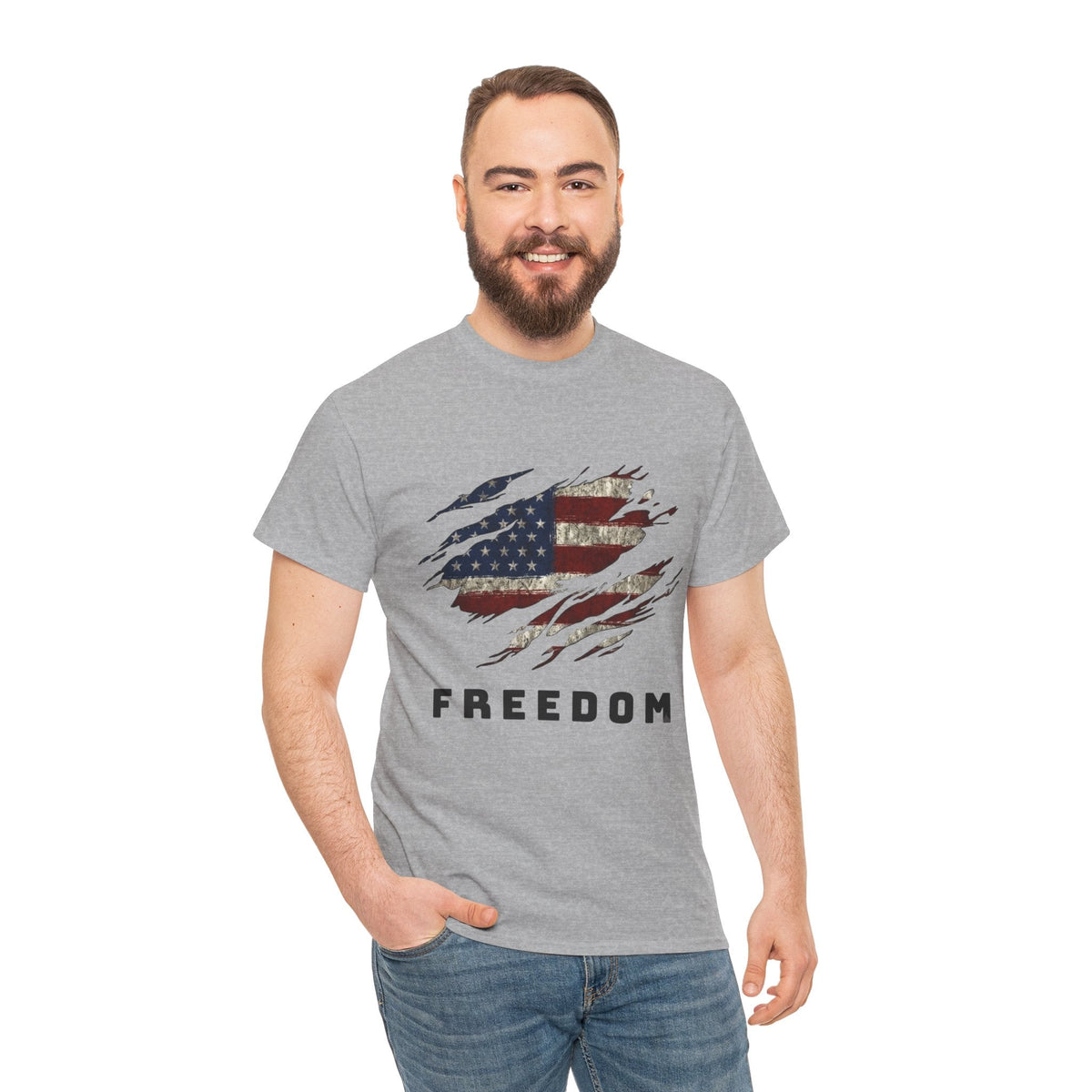 Man wearing grey Freedom Flag Graphic Tee – American Pride Edition- Ninth Line
