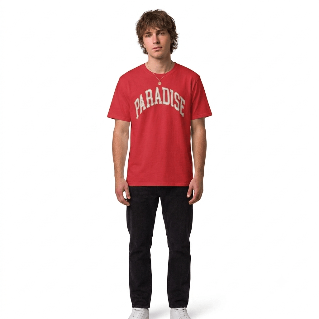 Man wearing Red Paradise Arch Graphic T-Shirt - Graphic tees streetwear - Ninth Line