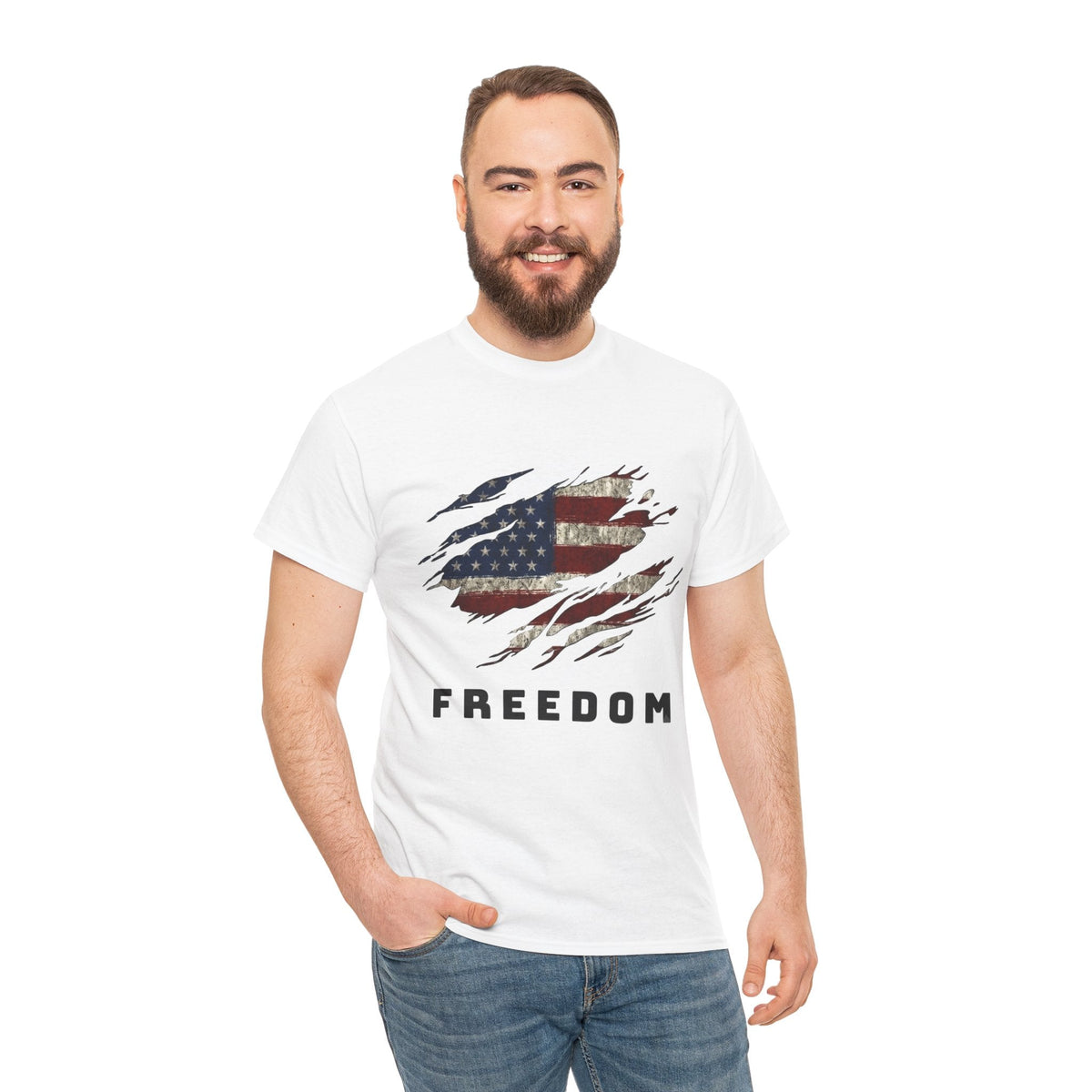 Man wearing white Freedom Flag Graphic Tee – American Pride Edition- Ninth Line