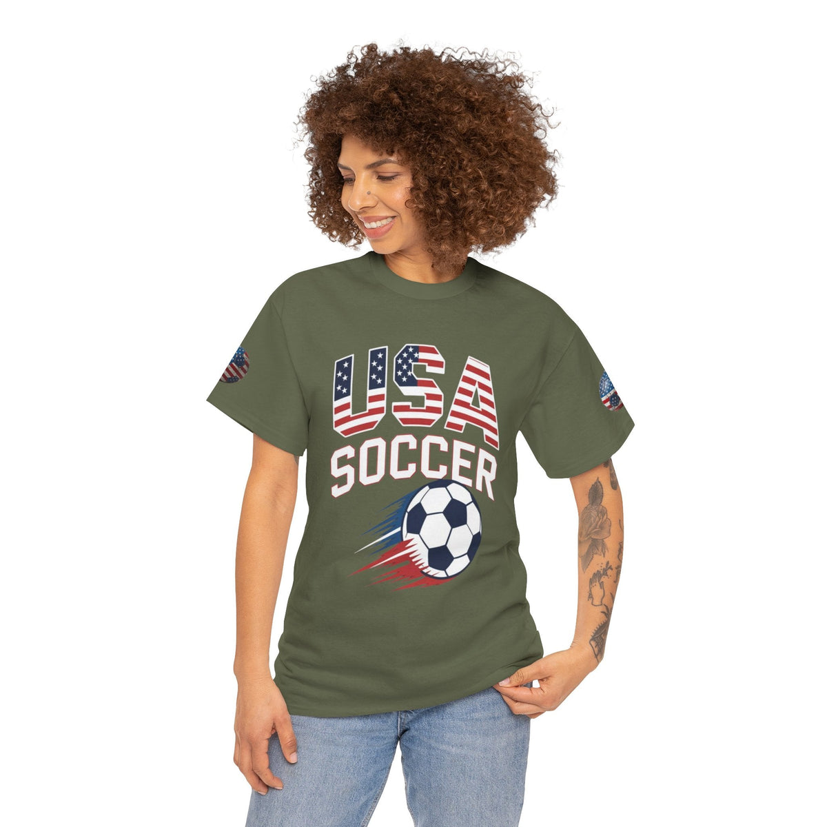 A lady wearing Military green USA Soccer Retro streetwear graphic tee- USMNT T-Shirt  - Ninth Line