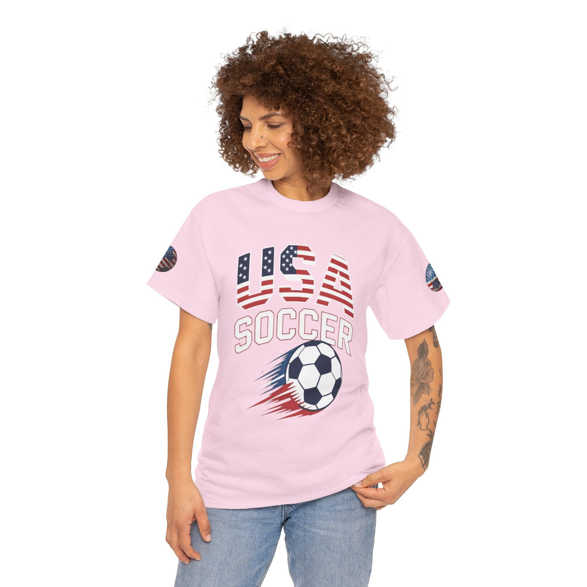 Lady wearing Pink USA Soccer Retro streetwear graphic tee- USMNT T-Shirt - Ninth Line