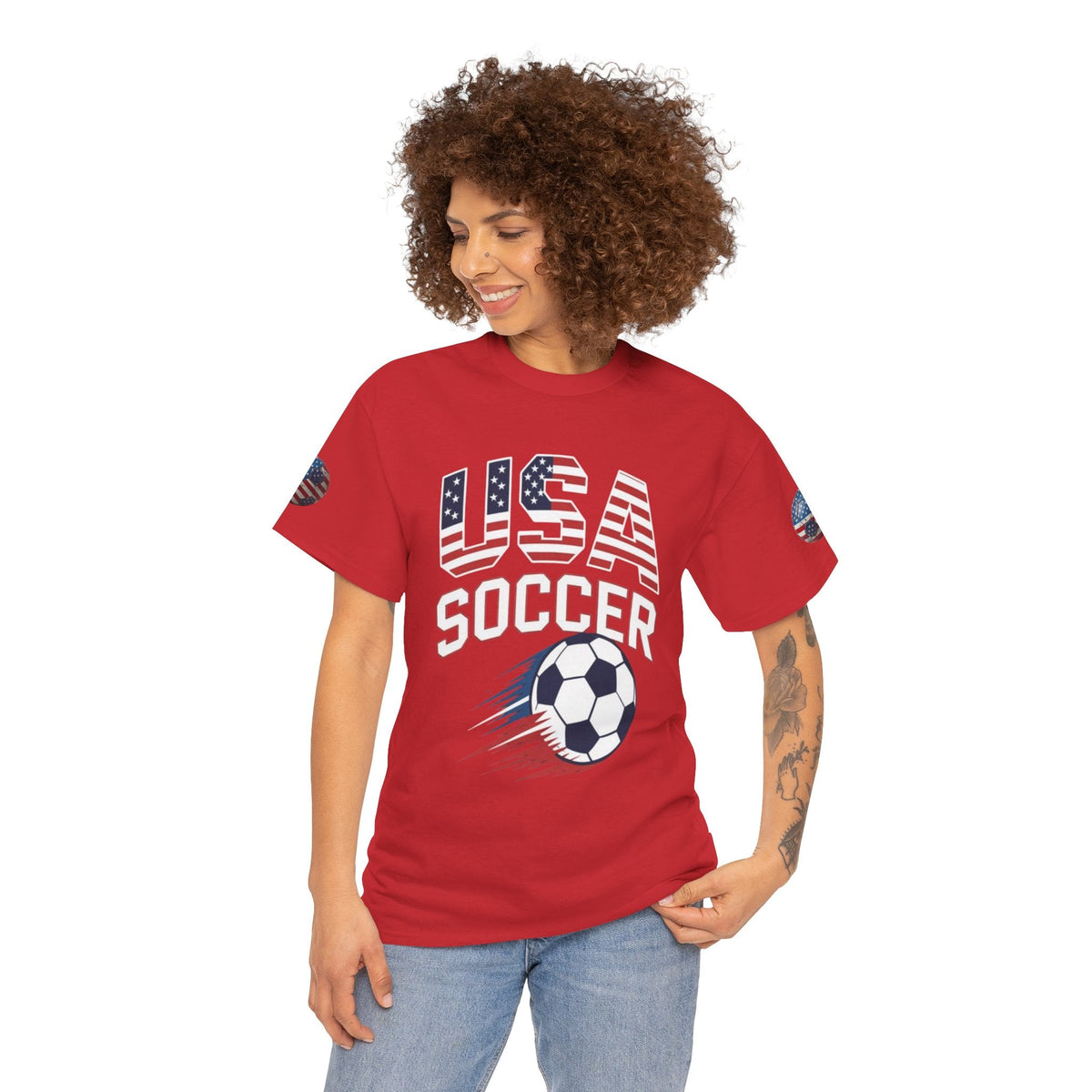 Lady wearing Red USA Soccer Retro streetwear graphic tee- USMNT T-Shirt - Ninth Line