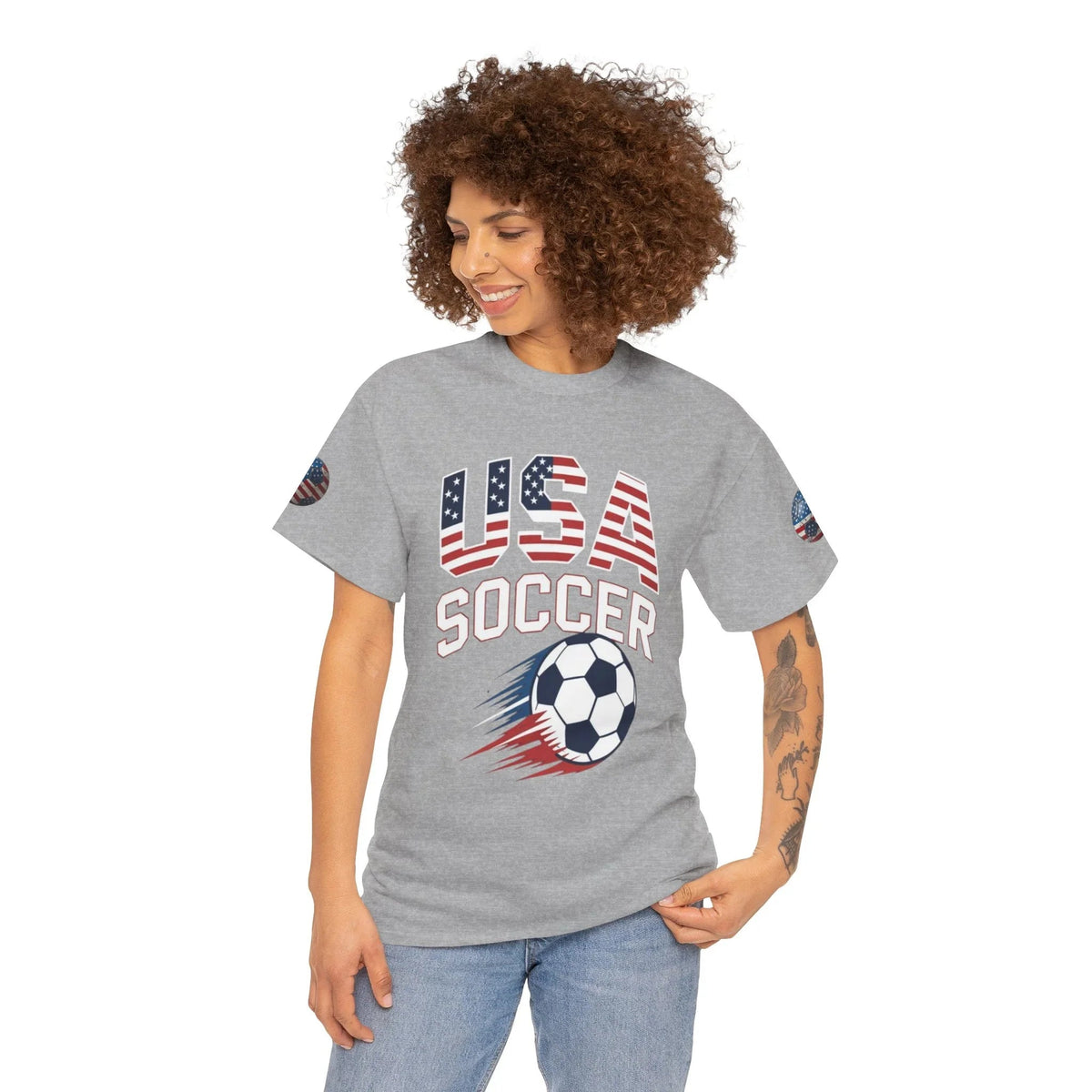lady wearing Sports grey USA Soccer Retro streetwear graphic tee- USMNT T-Shirt - Ninth Line