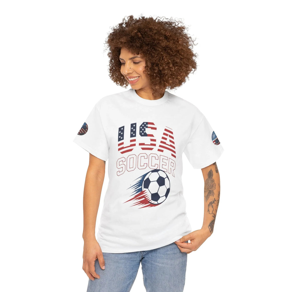 Lady wearing White USA Soccer Retro streetwear graphic tee- USMNT T-Shirt - Ninth Line