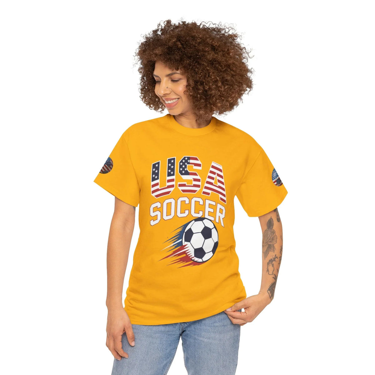 A lady wearing Yellow USA Soccer Retro streetwear graphic tee- USMNT T-Shirt - Ninth Line