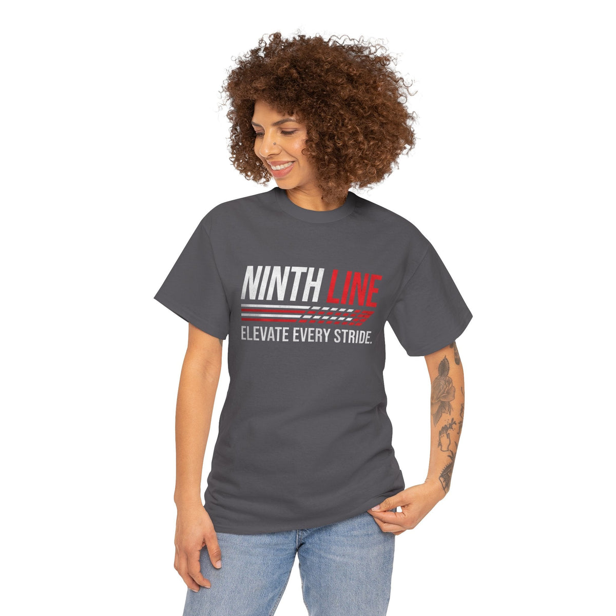 Lady wearing Charcoal Ninth Line Signature T-shirt- Street wear graphic Tee - Ninth Line