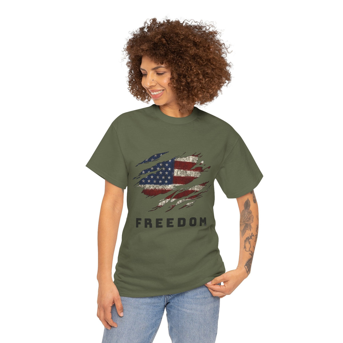 Lady wearing Military green Freedom Flag Graphic Tee – American Pride Edition - Ninth Line