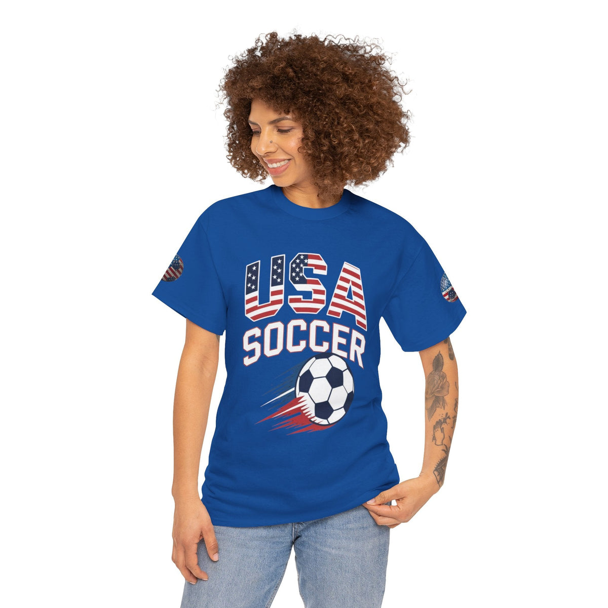 lady wearing Sapphire blue USA Soccer Retro streetwear graphic tee- USMNT T-Shirt - Ninth Line