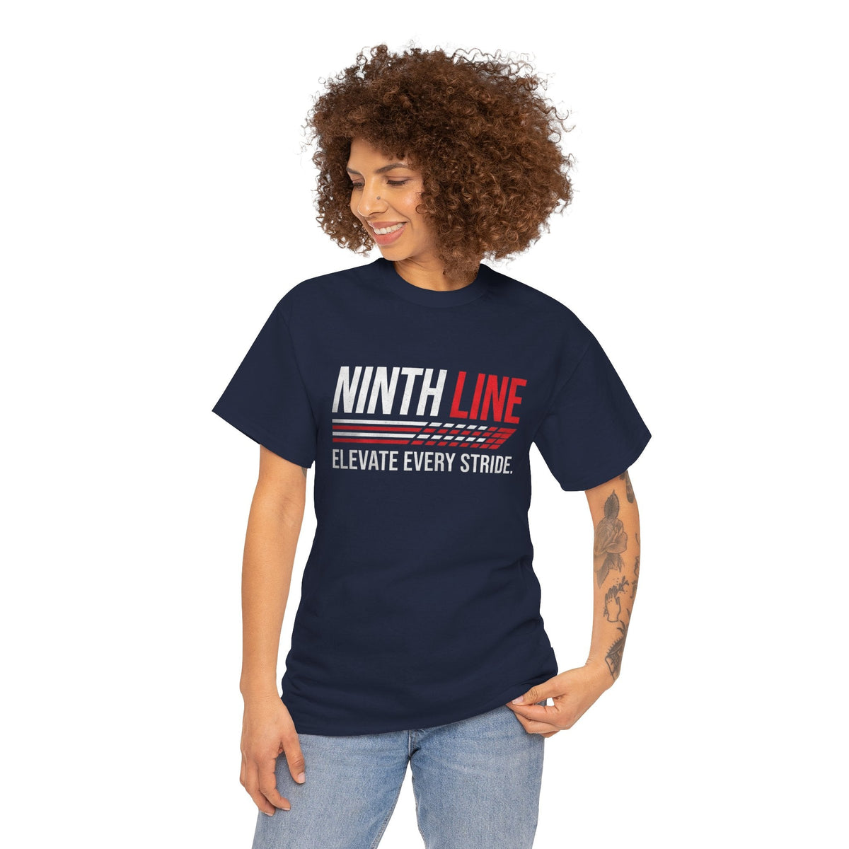 Lady wearing Navy Ninth Line Signature T-shirt- Street wear graphic Tee - Ninth Line