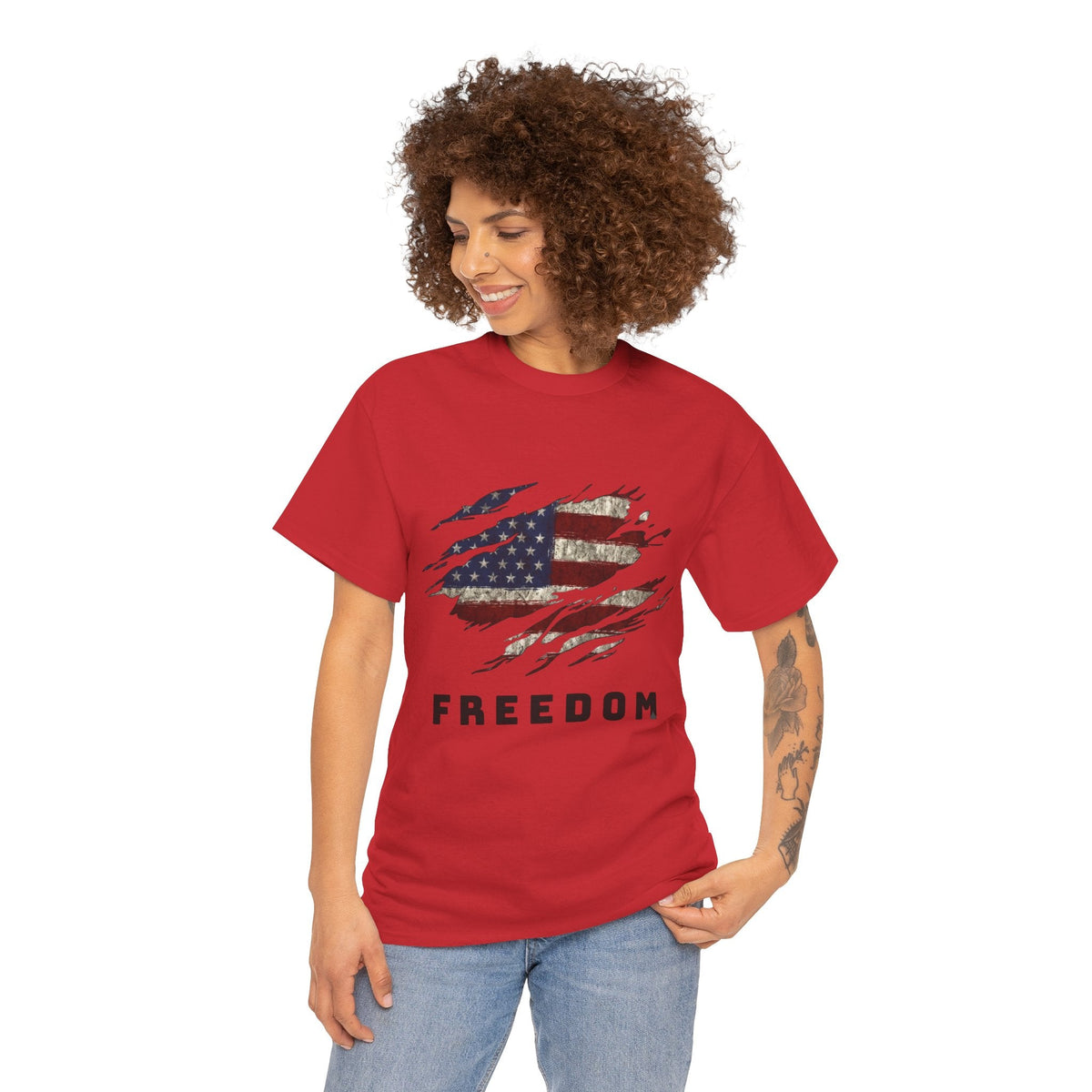 Lady wearing Freedom Flag Graphic Tee – American Pride Edition- Ninth Line