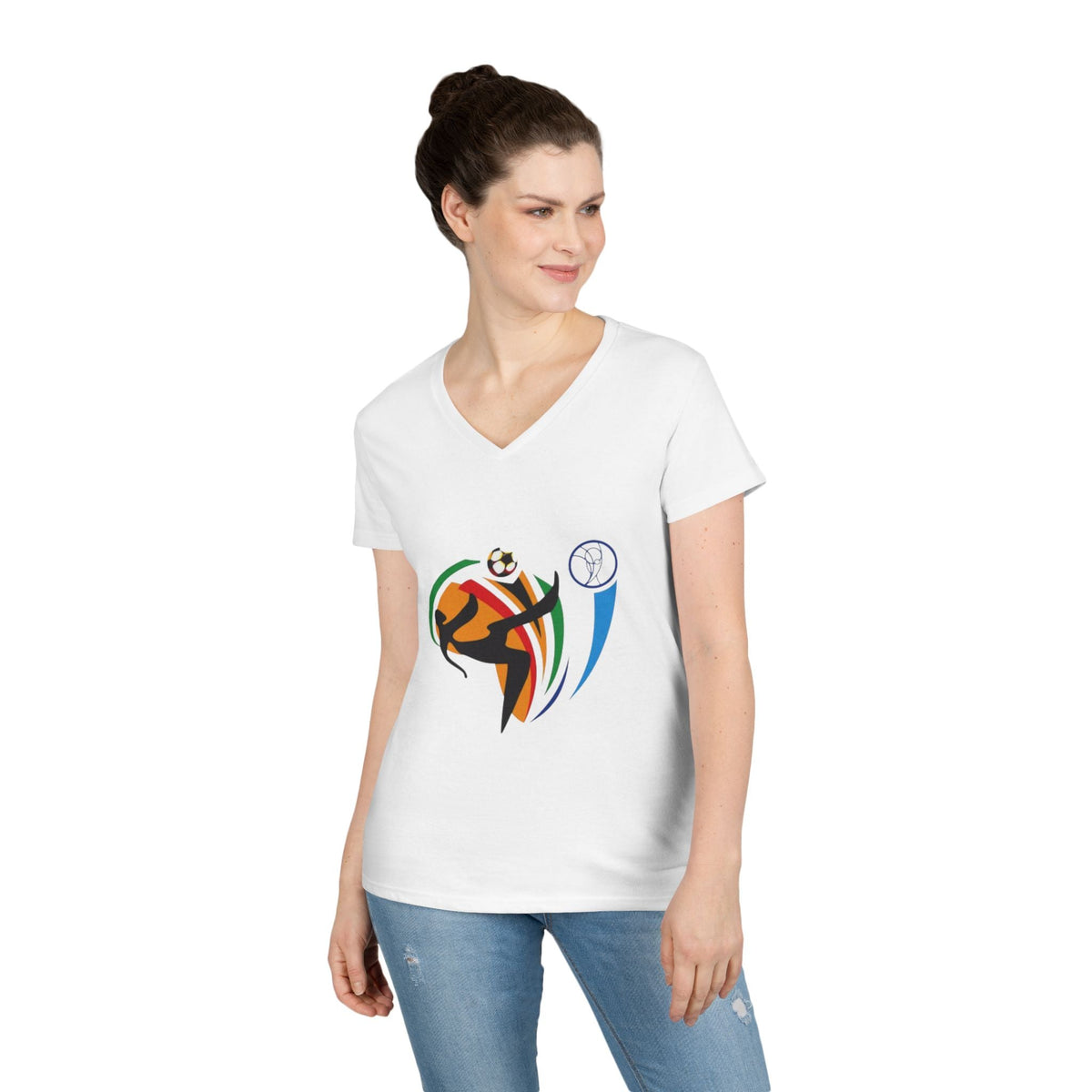 Lady wearing white USA FIFA Overhead Kick Graphic Tee | Vintage Retro Soccer Streetwear Shirt - Ninth Line