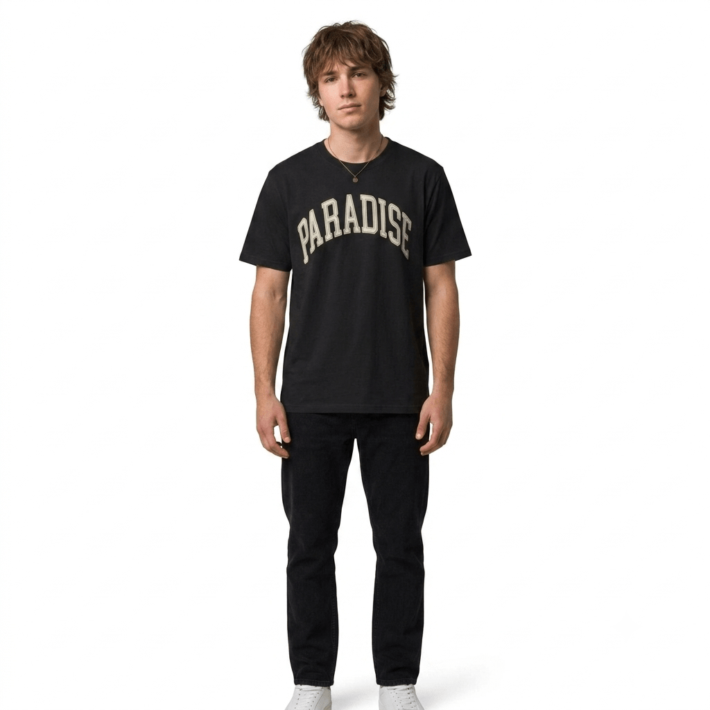 Man wearing Black Paradise Arch Graphic T-Shirt - Graphic tees streetwear - Ninth Line