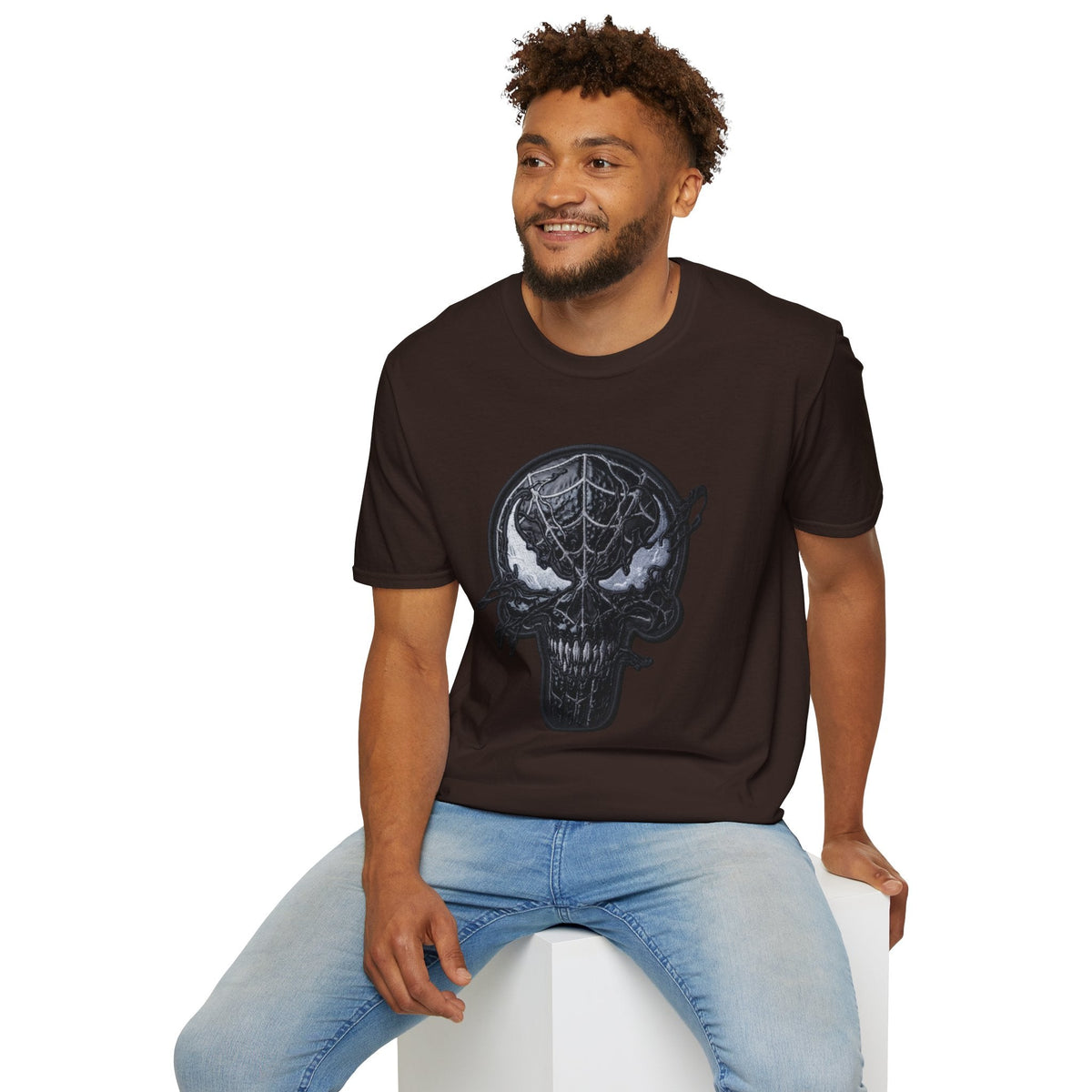 man wearing Dark chocolate Spiderman Graphic tee — Black spiderman shirt - Ninth Line