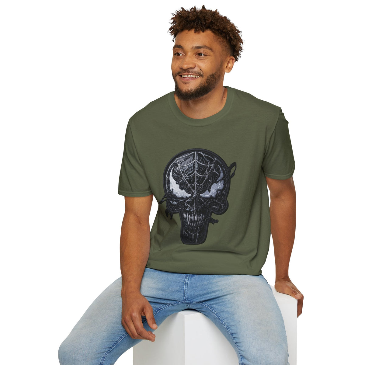 Man wearing Military green Spiderman Graphic tee — Black spiderman shirt - Ninth Line