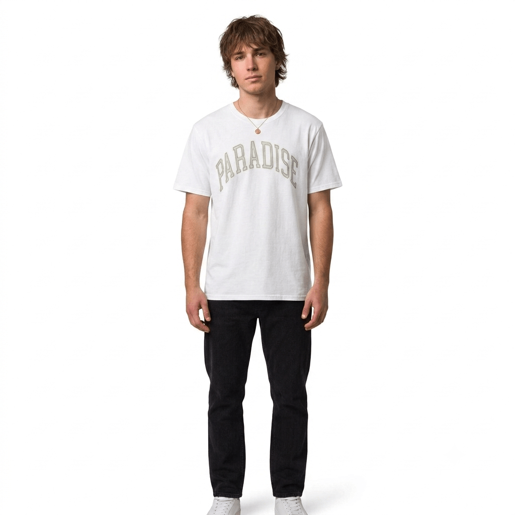 Man wearing White Paradise Arch Graphic T-Shirt - Graphic tees streetwear - Ninth Line