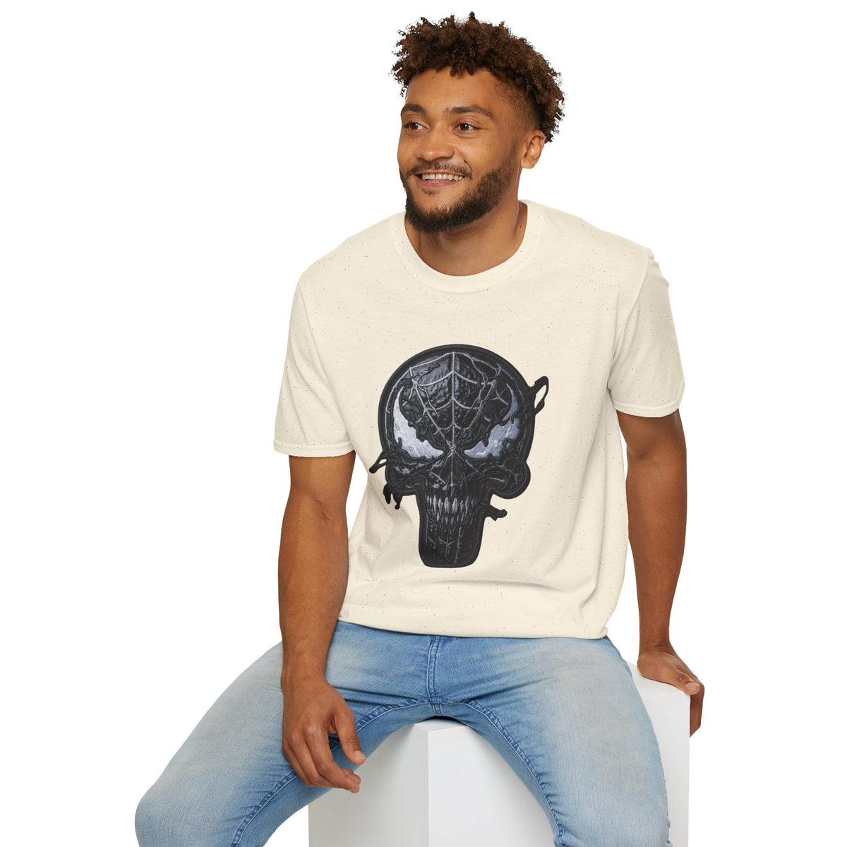 Man wearing Natural color Spiderman Graphic tee — Black spiderman shirt - Ninth Line