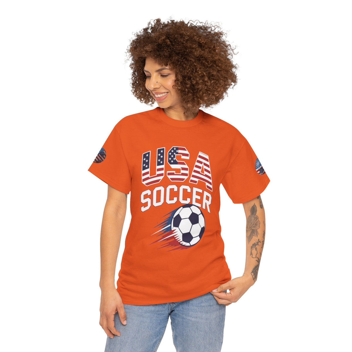 Lady wearing red USA Soccer Retro streetwear graphic tee- USMNT T-Shirt - Ninth Line
