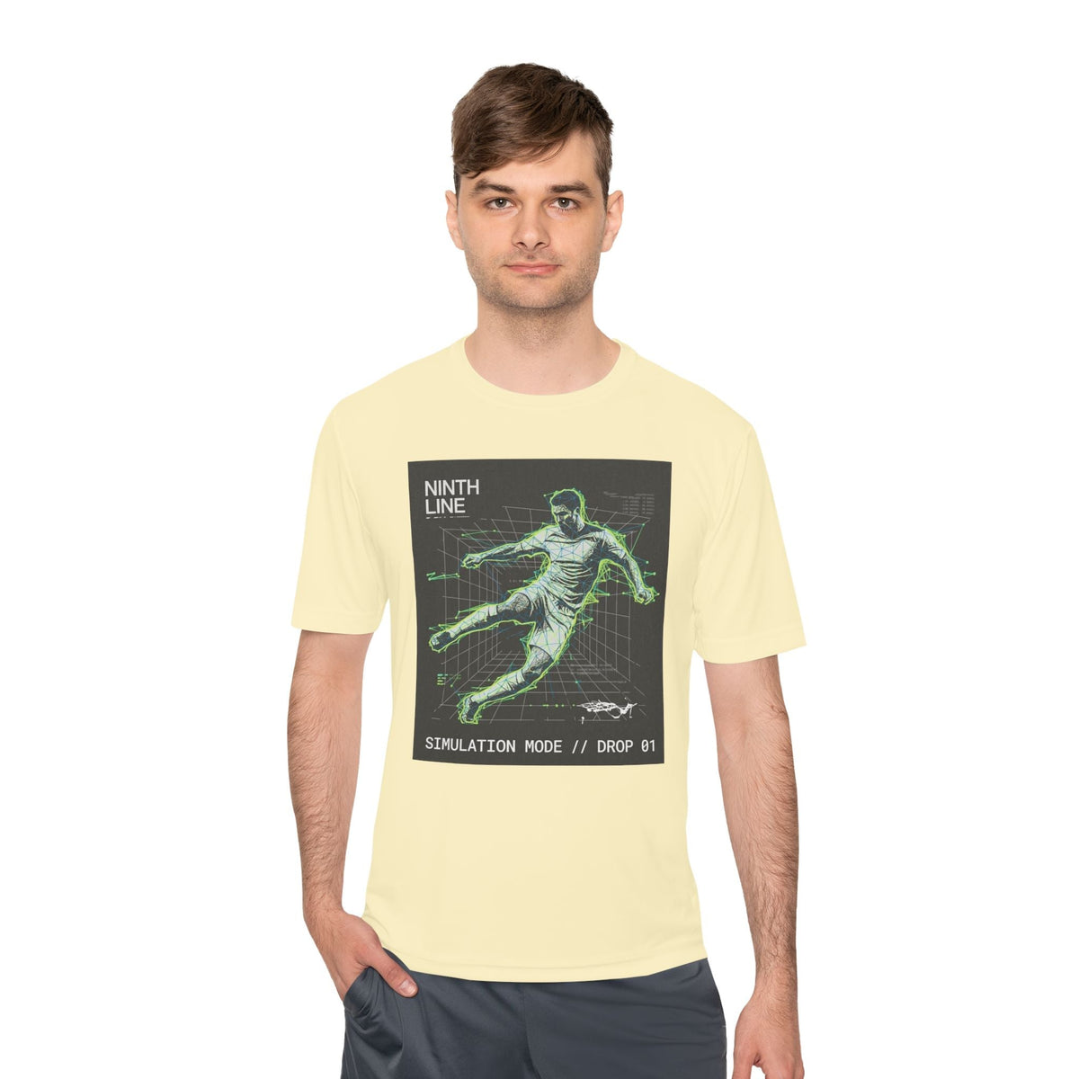 Soccer Graphic T-Shirt — Retro Neon Wireframe Football Performance Tee - Ninth Line