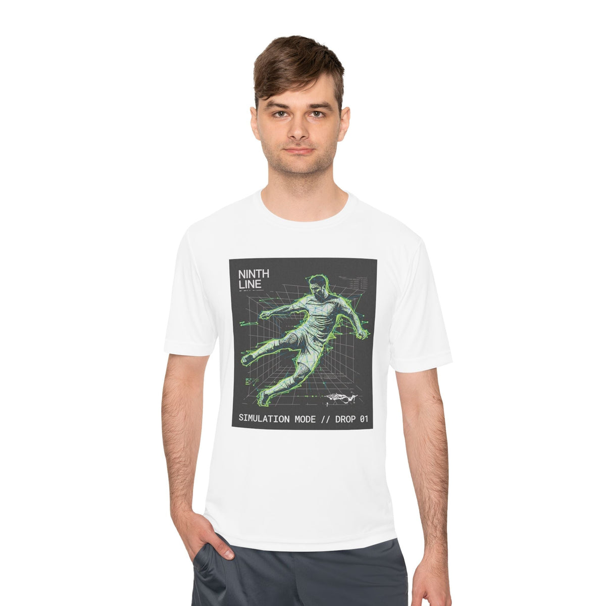 Soccer Graphic T-Shirt — Retro Neon Wireframe Football Performance Tee - Ninth Line