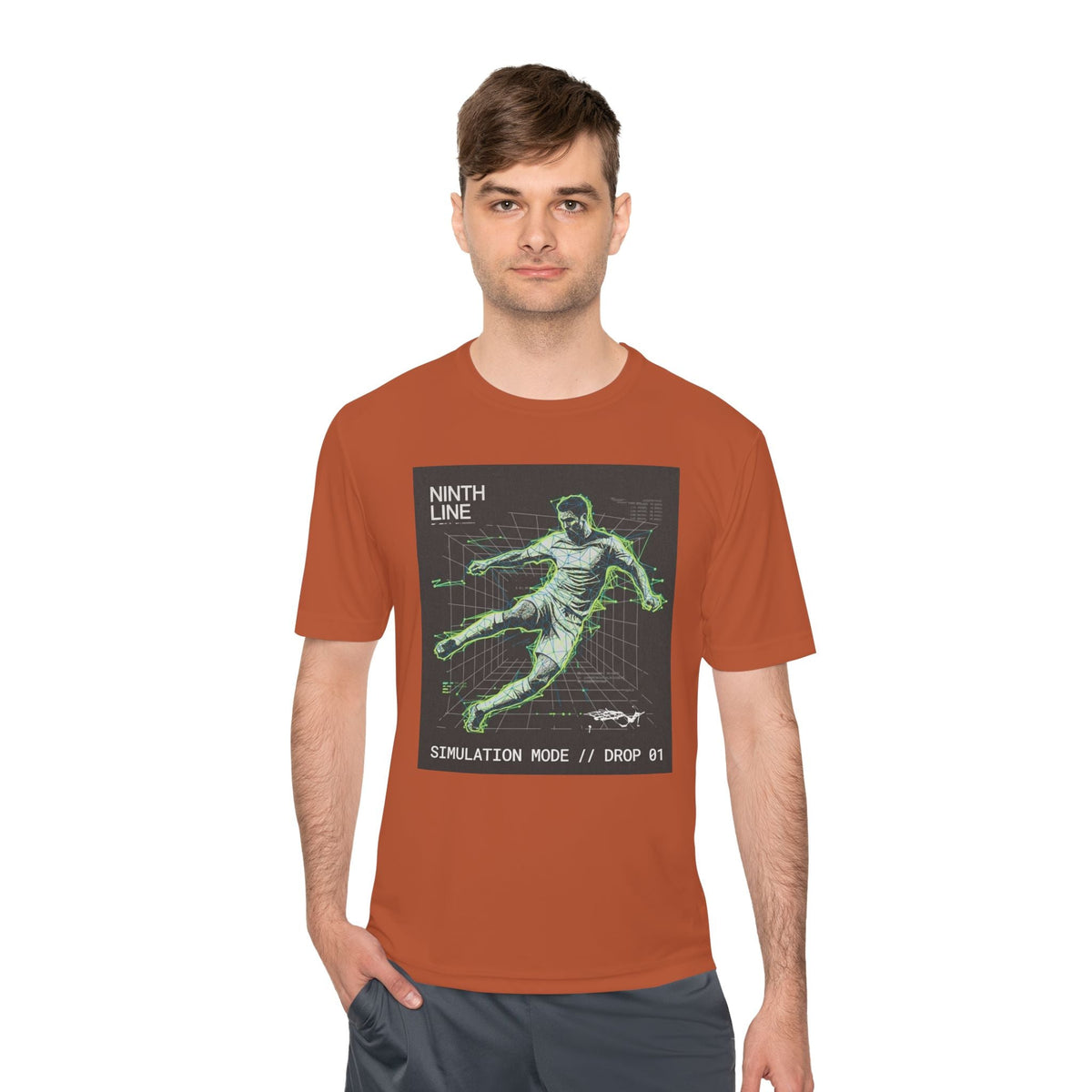 Soccer Graphic T-Shirt — Retro Neon Wireframe Football Performance Tee - Ninth Line