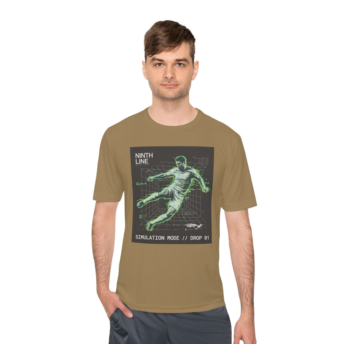 Soccer Graphic T-Shirt — Retro Neon Wireframe Football Performance Tee - Ninth Line
